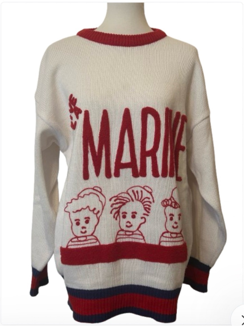 Vintage Nautical Vivé La Marine Graphic Crewneck Sweater Cream and Red Unisex L - Picture 2 of 9